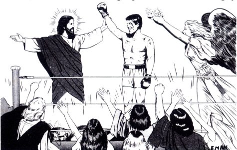 Jesus congratulating the winning prize fighter