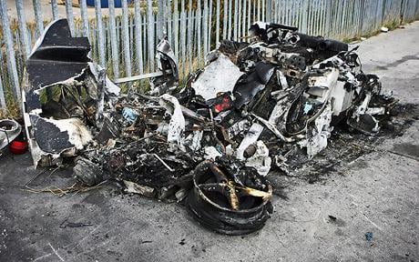 A £110,000 Ferrari was reduced to a burned out lump of metal after a high speed crash.