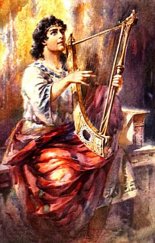 King David playing the harp to God.